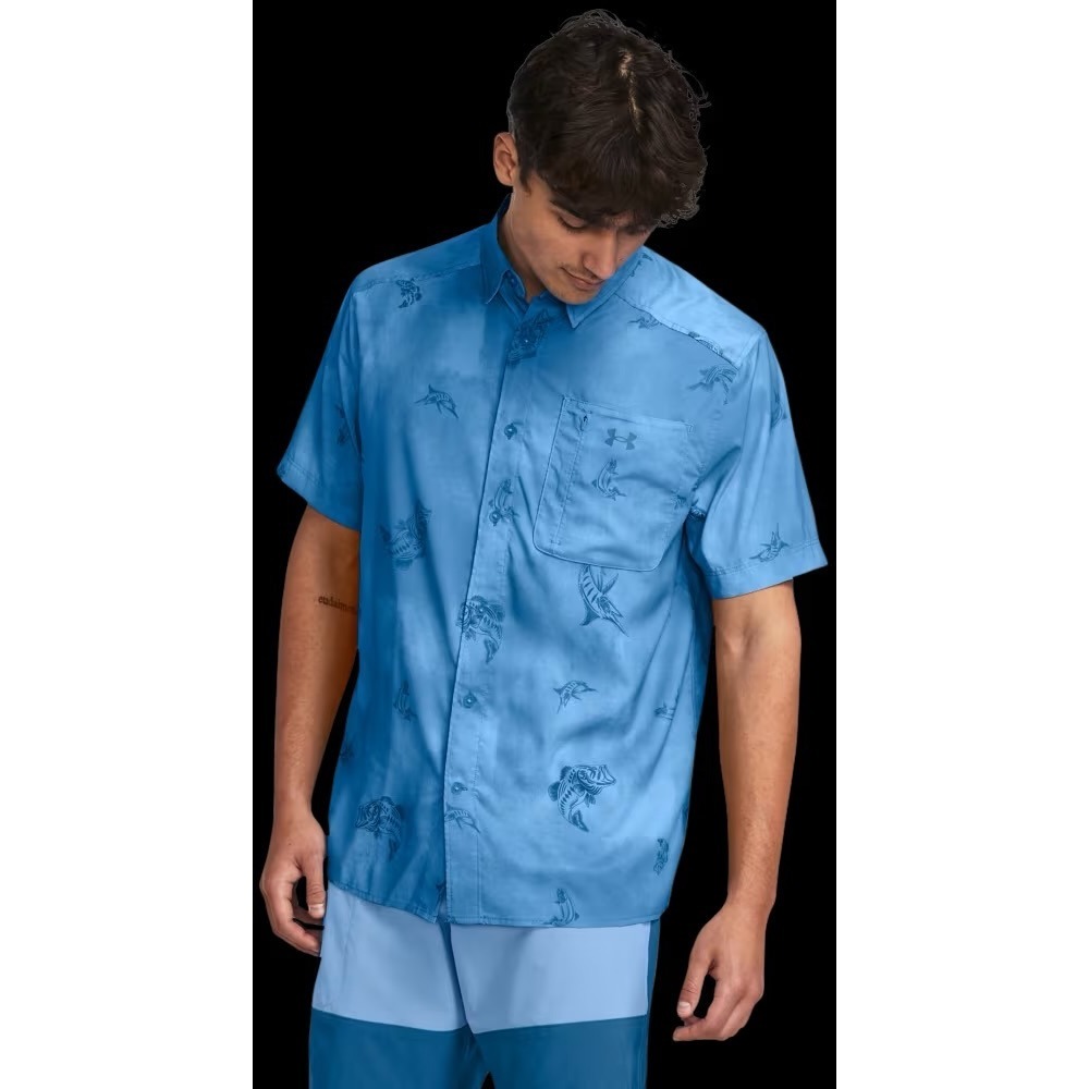 Under Armour Blue Dockside Short Sleeve Button Up Bass Fishing Shirt L